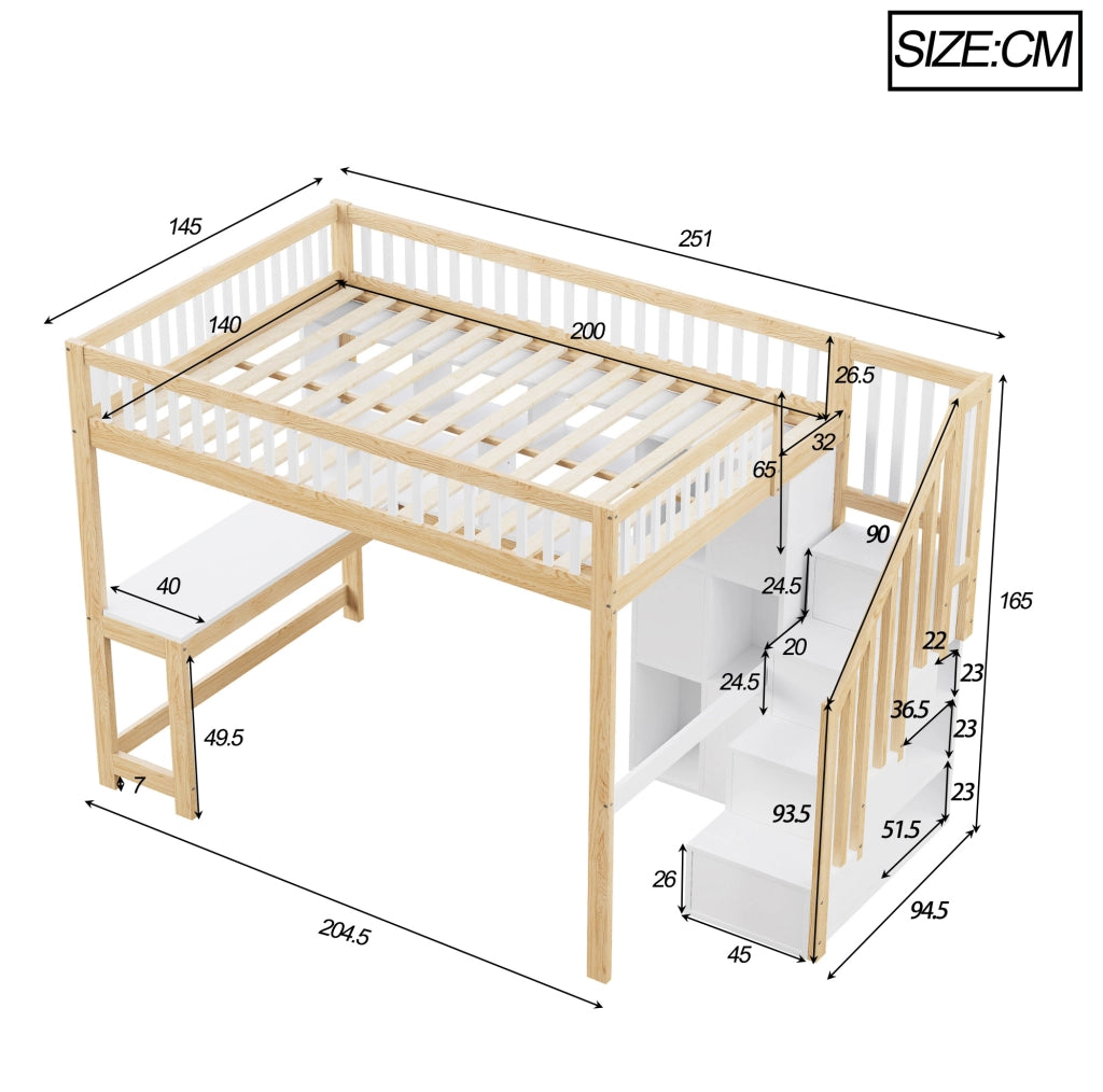 Letto a soppalco 140x200 cm con LED, scrivania e scala contenitore bianco e naturale