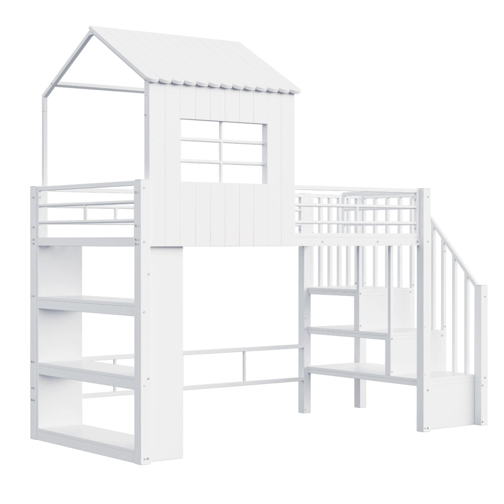 Letto a Soppalco in Ferro 90x200 cm Design a Casetta Bianco con Scale Contenitore e Scaffalatura