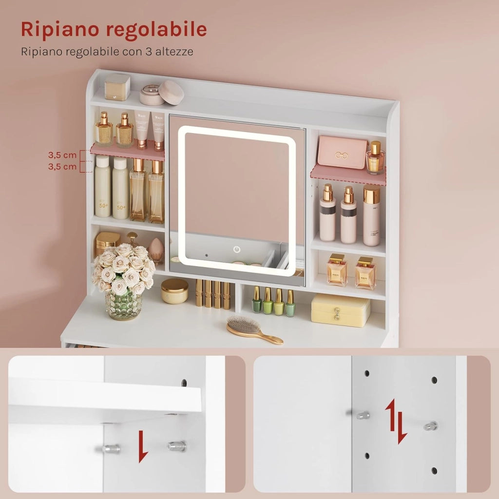 Toeletta Trucco con Specchio e Luce, Illuminazione Regolabile in 3 Colori, Postazione Trucco con 2 Cassetti, 8 Scomparti Aperti e Armadietto, per Camera da Letto, Cabina Armadio, Bianco