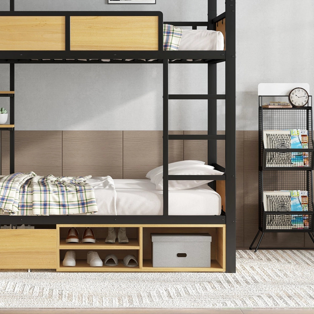 Letto a castello in metallo e MDF con vani contenitore e scaffali laterali