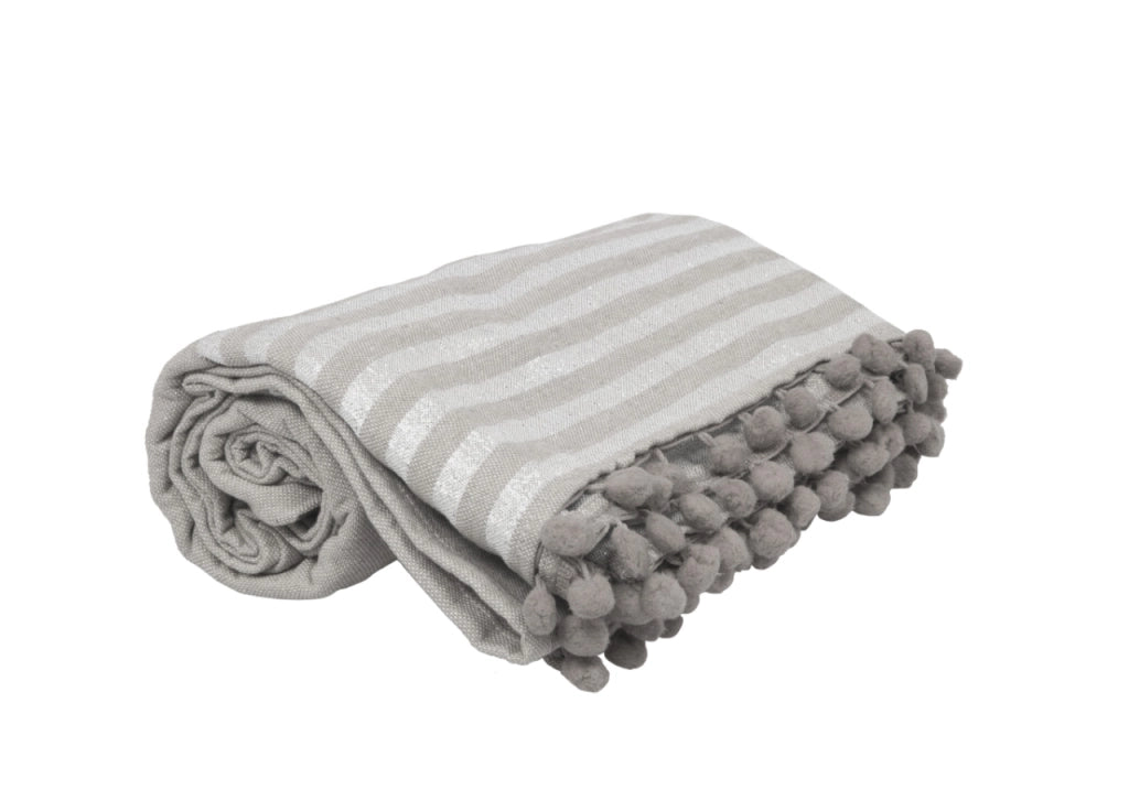 Telo Mare Fouta Spiaggia 100% Cotone Modello Lurex Con Pon Pon - Telo Mare - Grigio