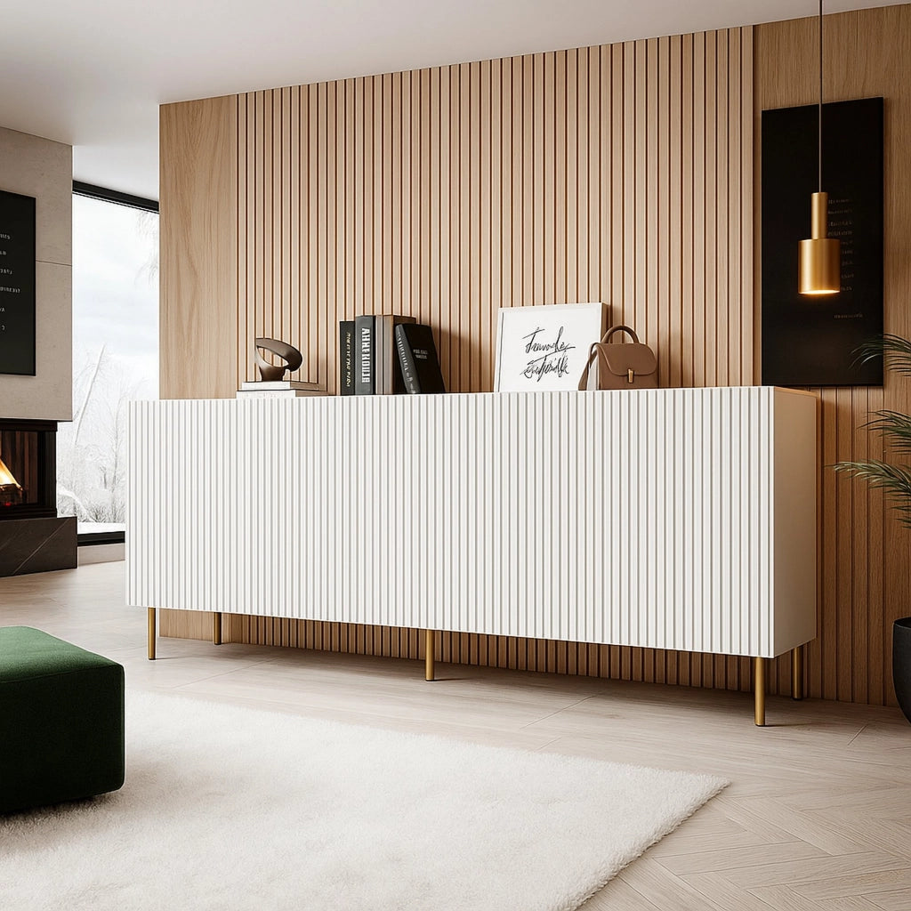 Credenza Londa, Madia da salotto con quattro ante battenti, Rialzato da terra, 200x42 h82 cm, Bianco