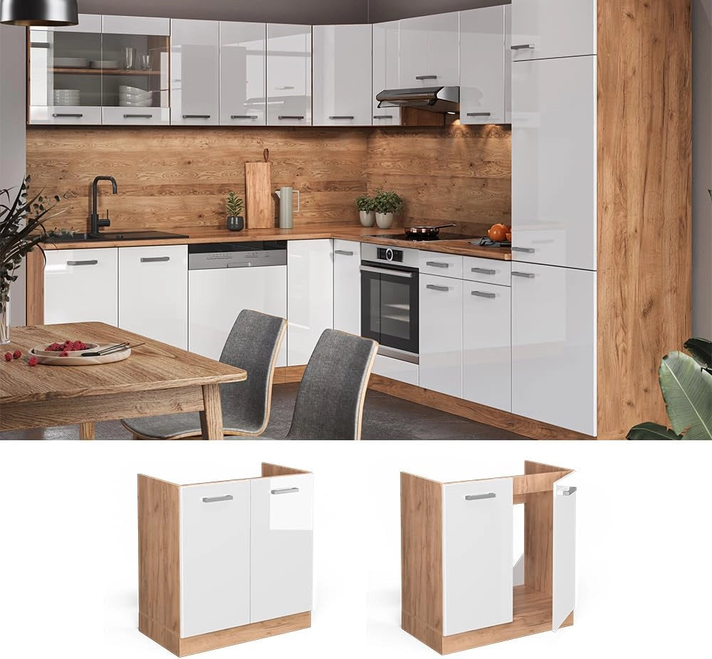 Mobile lavello cucina R-Line, Bianco lucido, 80 cm senza piano di lavoro, per la libera combinazione all'interno di sistemi cucina modulari
