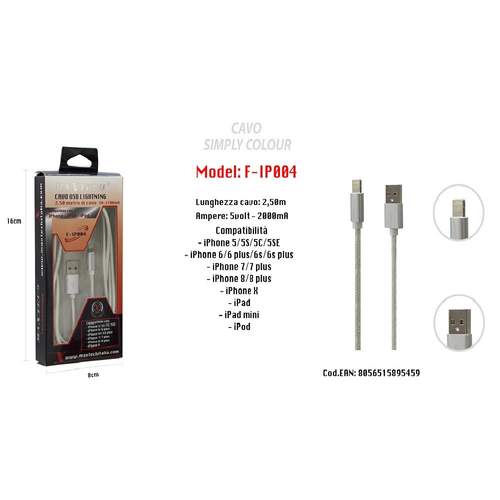 Trade Shop - Cavo Simply Colour Per Iphone Ipad Ipod 5volt - 2000ma 2,50mt Maxtech F-ip004 -