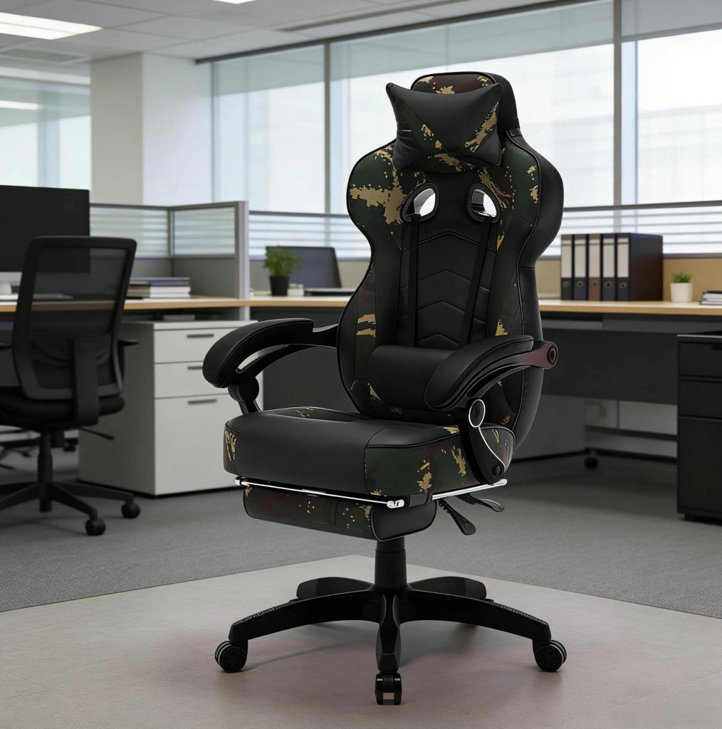 Sedia gaming ergonomica reclinabile con poggiapiedi nero e verde