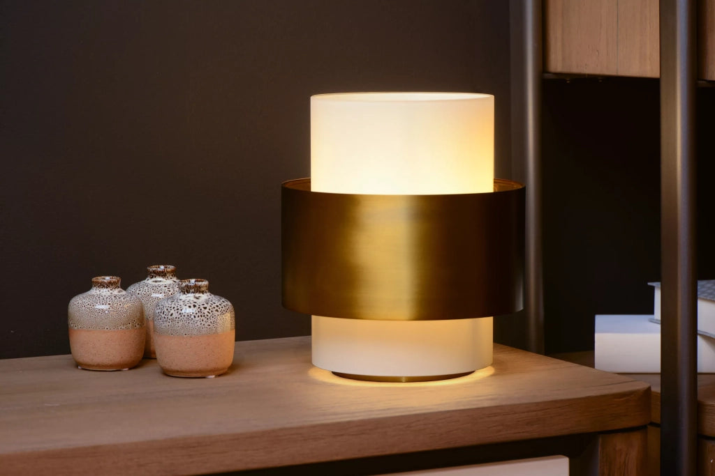 Lampada da tavolo Lucide Firmin vetro bianco oro E27