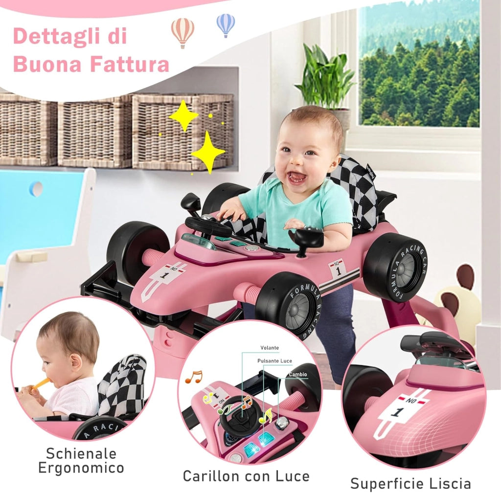 Girello per Bambini 4 in 1, Girello Pieghevole con Altezza e Velocità Regolabili, Carillon con Luci, Volante e Sedile, Primi Passi per Bambini 6-18 Mesi, Portata 15 kg (Viola)