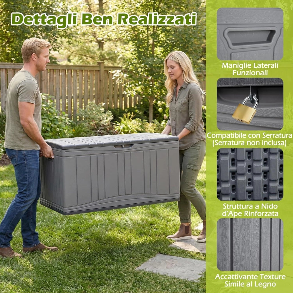 Baule da Esterno 300L Impermeabile in Resina, Cassapanca Contenitore da Esterno con Pistoni a Gas, Predisposizione per Serratura e 2 Maniglie Laterali, Resistente, 114 x 55 x 61 cm (Grigio)