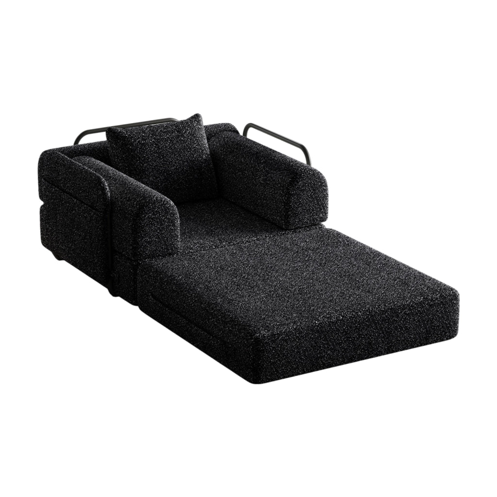 Divano letto 2 in 1 con vano portaoggetti nel bracciolo; struttura in acciaio; chenille nero