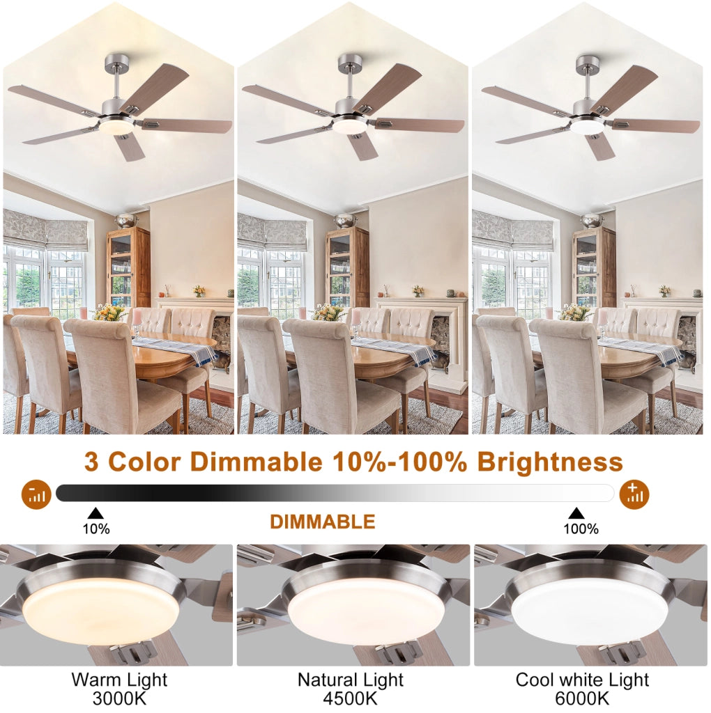 Ventilatore da soffitto con luce LED dimmerabile e telecomando; metallo e legno; color nichel