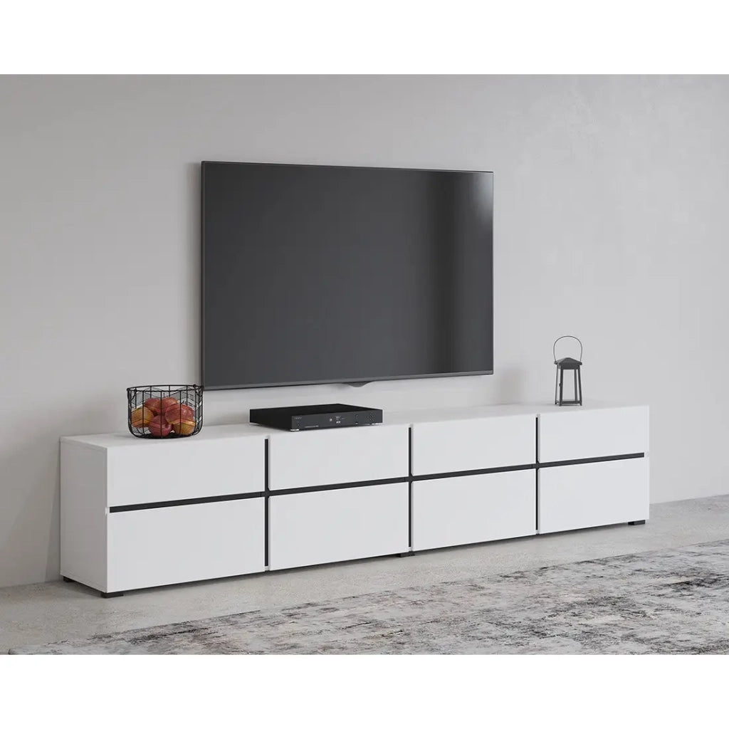 Mobile TV XL colori bianco e nero 225cm collezione HAVANA. Mobile design con 4 porte e 4 cassetti.
