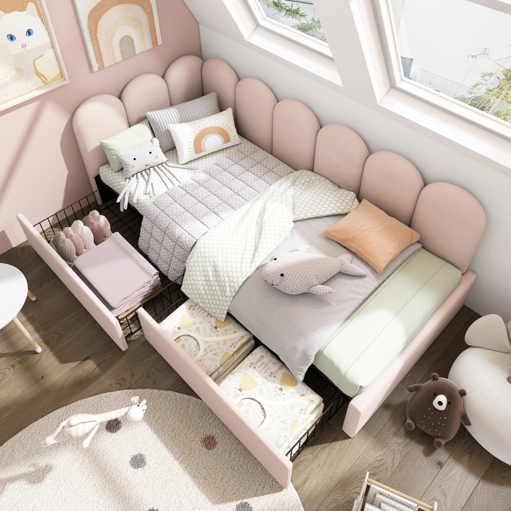 Letto singolo con cassettoni in velluto rosa 90x200 cm