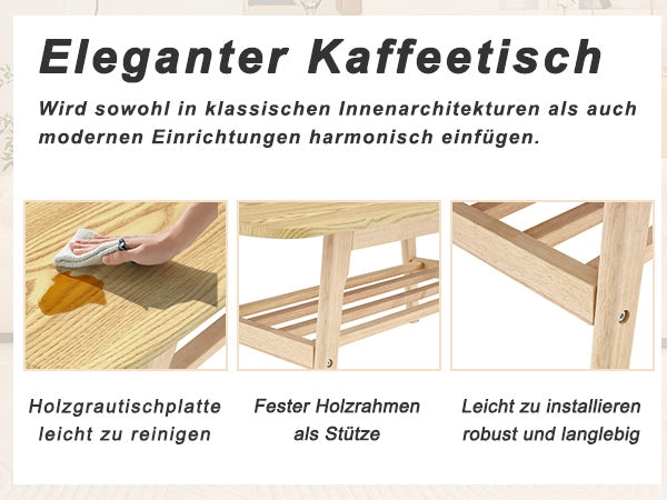 Tavolino basso con 2 ripiani contenitore e base in legno massiccio per soggiorno stile moderno 110 × 58 × 19 cm