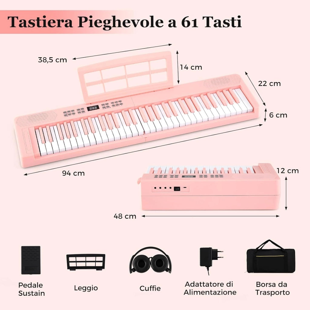 Tastiera Pianoforte Pieghevole a 61 Tasti, Tastiera Elettronica con Funzione MIDI, Cuffie, Pedale Sustain, Pianoforte Digitale Portatile per Principianti (Rosa)