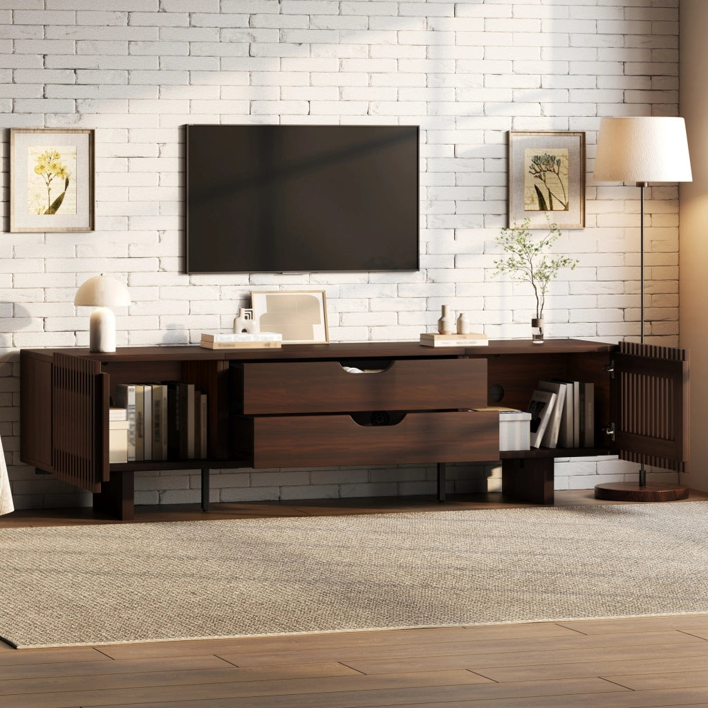 Mobile TV 180x40x45 cm con 2 cassetti e ante a lamelle in MDF