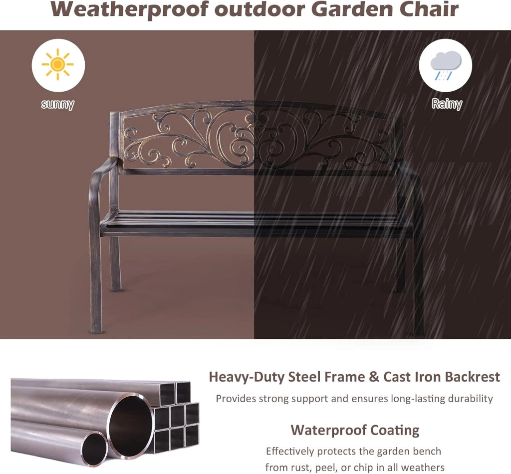 Panchina da Giardino in Metallo e Ferro, Portata fino a 280 kg, Resistente alle Intemperie, Panchina Da Esterno e Interno per Balcone, Cortile, Terrazza, 127 x 60 x 85 cm