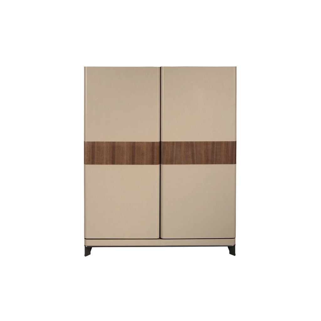 Credenza alta in similpelle, noce e acciaio lucido