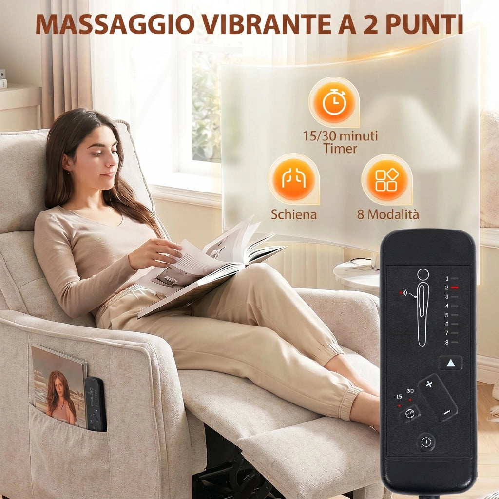 Poltrona Massaggiante 69x93x104 cm Reclinabile a 160° con Poggiapiedi e Telecomando Effetto Lino Bianco Crema