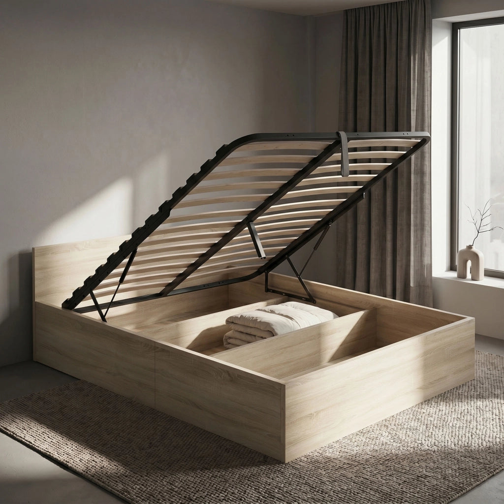Letto con contenitore 140x200 cm rete sollevabile in metallo Rovere Sonoma