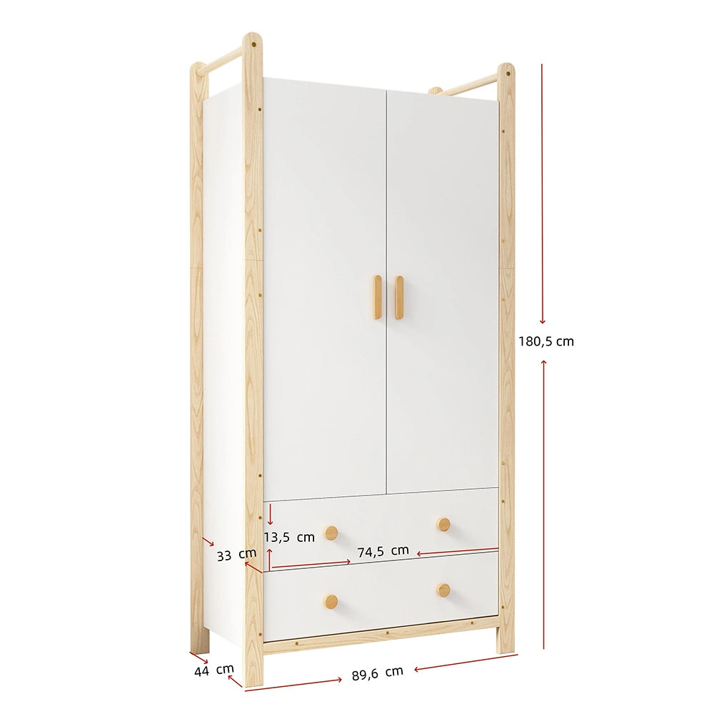Armadio 2 ante 90x45x180 cm - Xylo - con appendiabiti, 2 cassetti, bianco e telaio pino, per camera