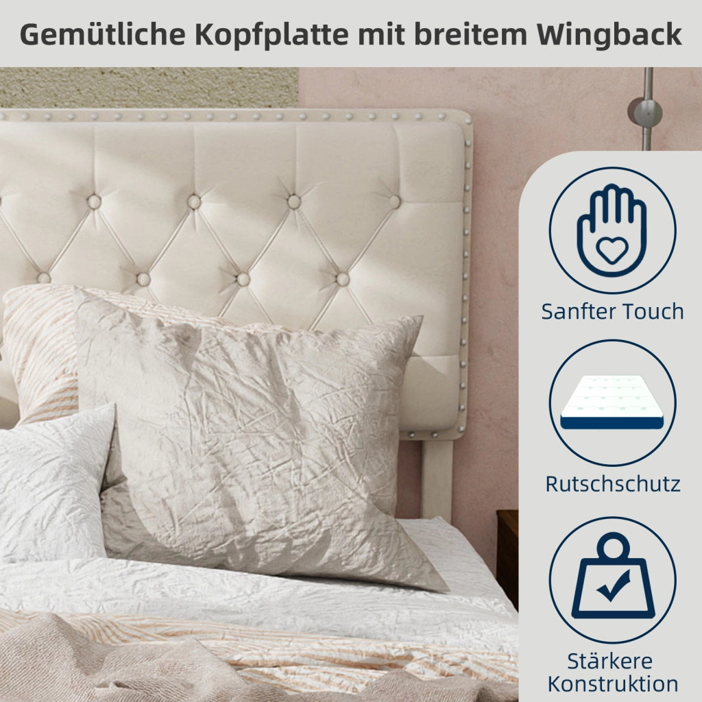 Letto Matrimoniale 140x200 cm con spazio inferiore; Testiera Alta in Velluto Beige