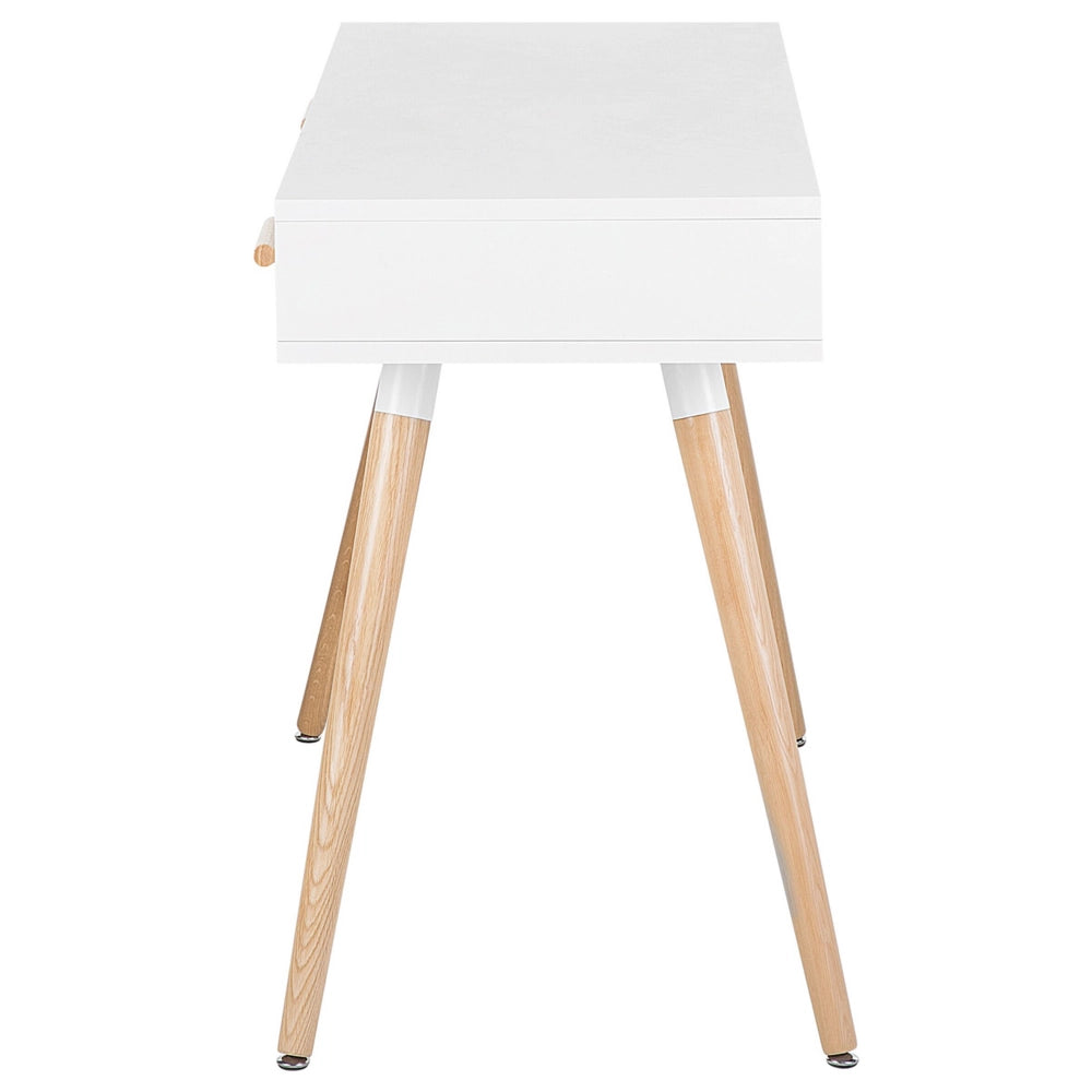 Scrivania Bianca 120 x 45 cm 2 Cassetti Scaffale Gambe in Legno Massello Scandinavo