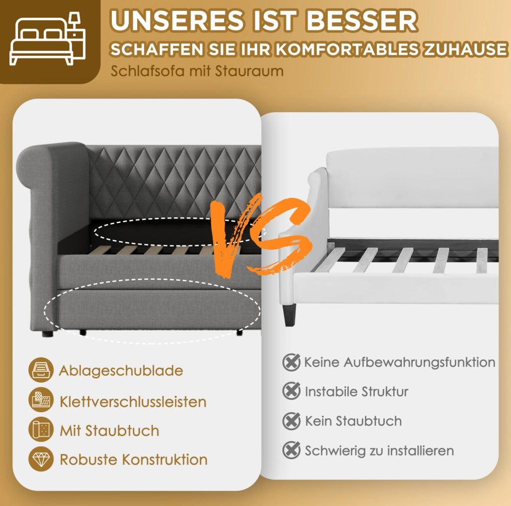 Divano letto daybed 90x200 cm in lino grigio con 2 cassetti; testiera vintage
