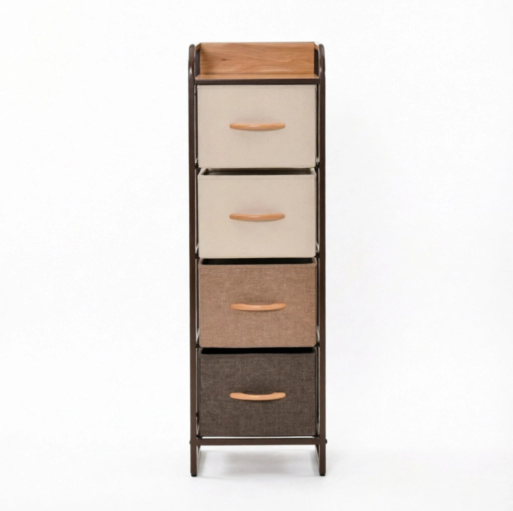 Cassettiera stretta ULEVR 31x29x99 cm con 4 cassetti in tessuto, MDF e acciaio, beige e marrone