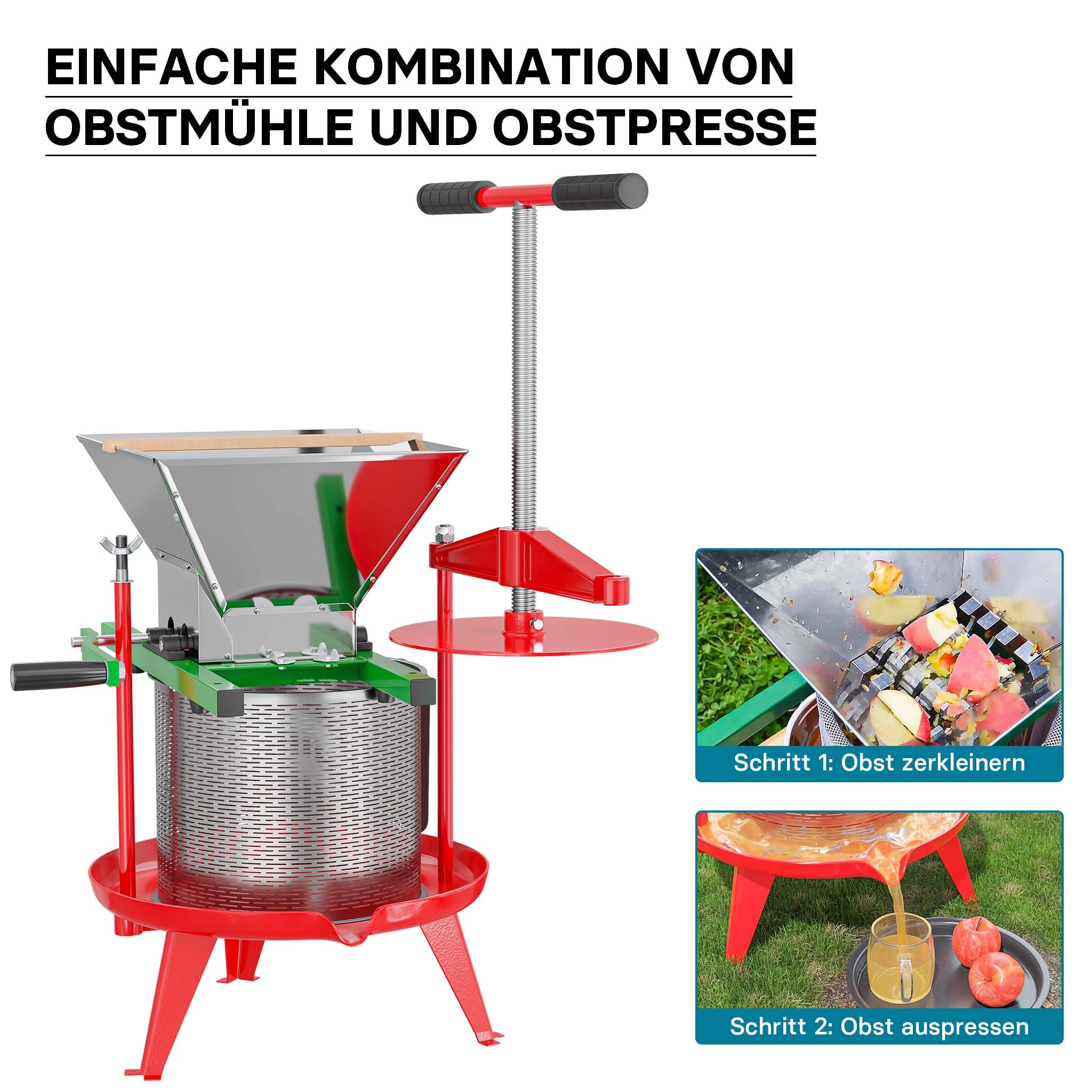 Torchio frutta da 14 litri, cestello in acciaio inox, con treppiede e beccuccio