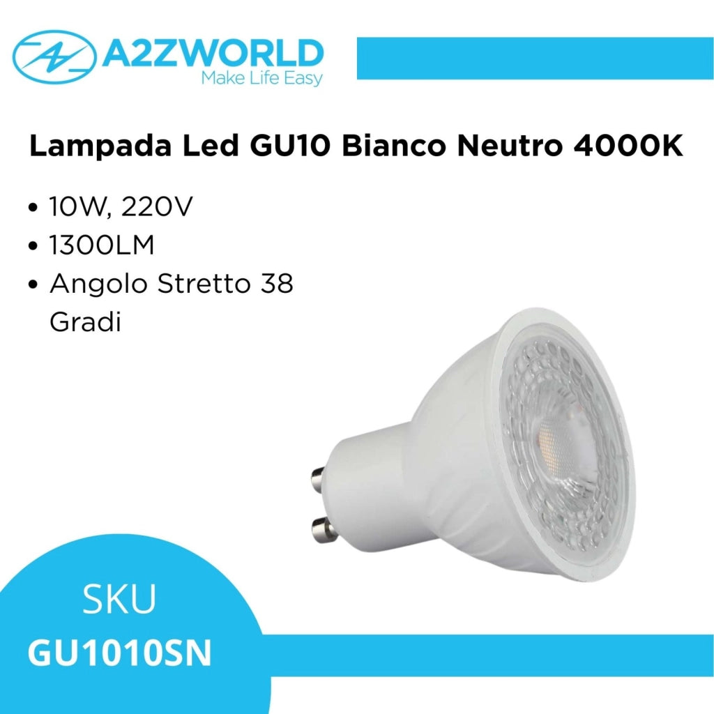 Lampada Led GU10 10W 1300LM Angolo Stretto 38 Gradi Bianco Neutro 4000K 220V D50X58mm