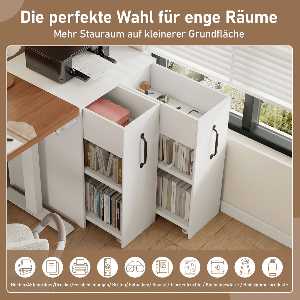 Libreria mobile con 1 cassetto e 2 ripiani, reversibile, con ruote, per soggiorno e bagno, bianco, 52 × 50 × 75 cm
