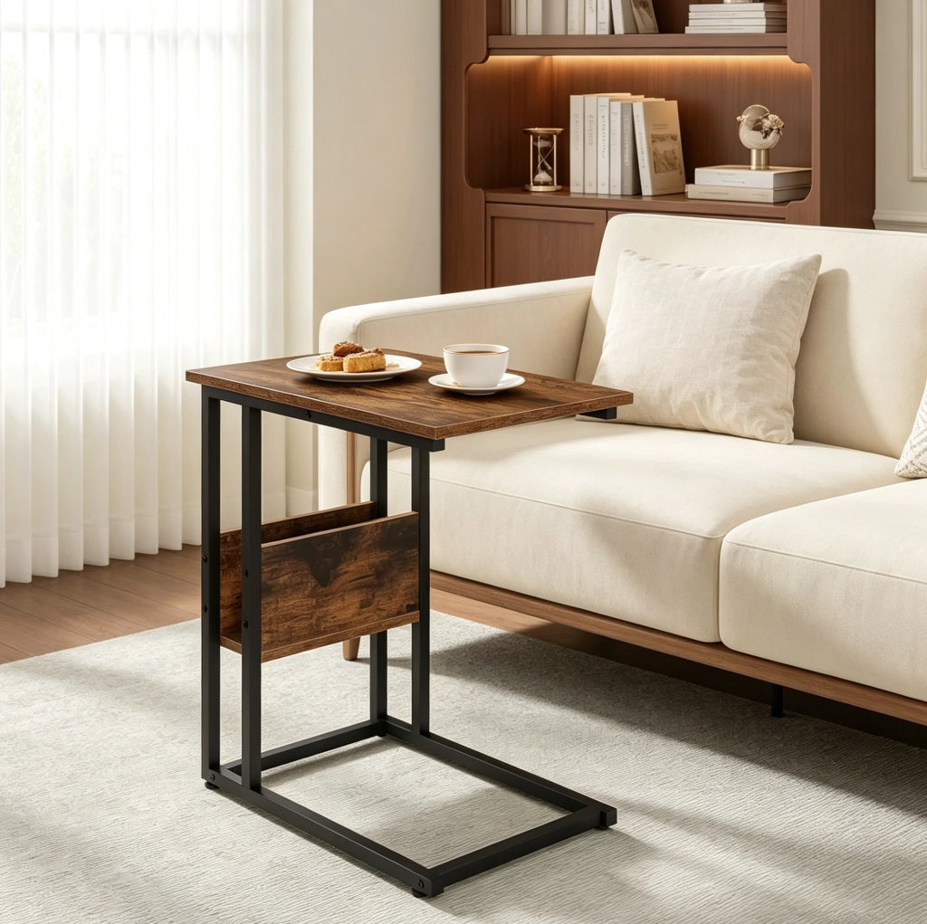 Tavolino laterale a C 55x36x59，5 cm in legno e metallo marrone rustico per divano
