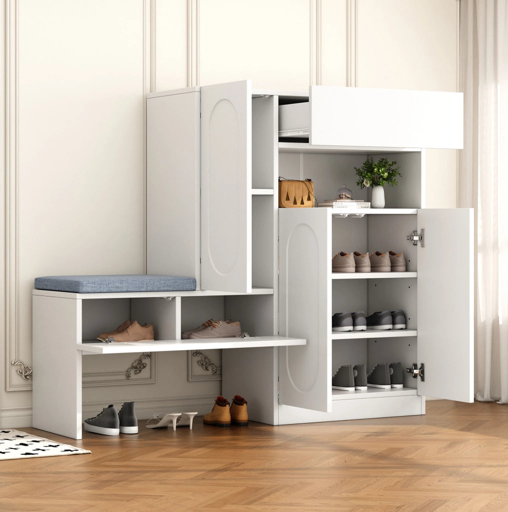 Scarpiera con panca 130x35x110 cm bianca; ante con chiusura ammortizzata e ripiani regolabili HOMVRA