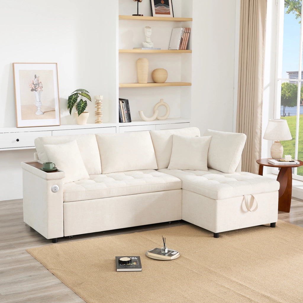 DIVANO LETTO angolare destro 209x130 cm in Chenille Beige con contenitore e USB
