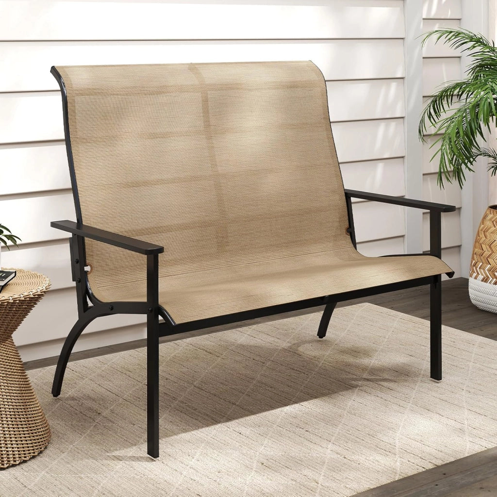 Panca giardino esterno a 2 posti, sedia Adirondack in Textilene con carico di 400 kg, panca di terrezza con schienale alto e braccioli per patio, balcone, 81 x 120 x 106 cm
