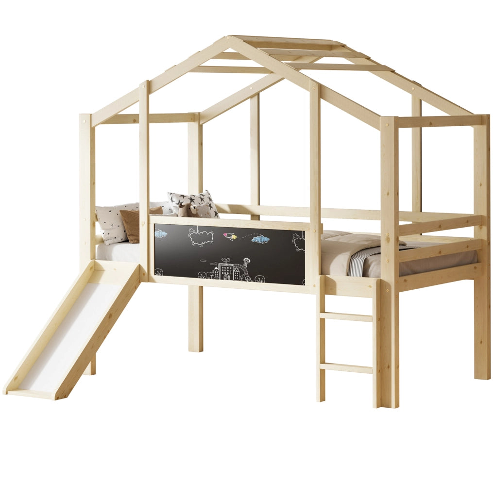 Letto a soppalco per bambini 90 x 200 cm in legno massello con scivolo