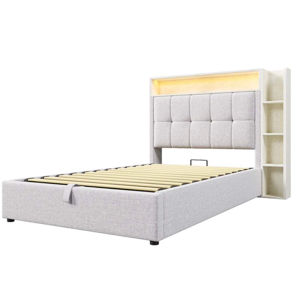 Letto matrimoniale 90x200 cm senza materasso con contenitore idraulico; LED; USB e Type-C; beige