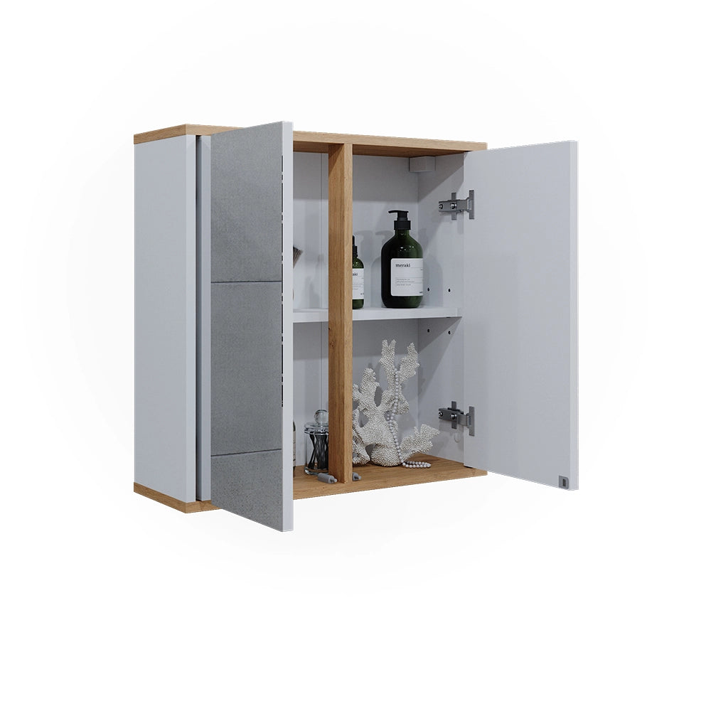 Vicco Specchio contenitore bagno Bianco/Artisan 60 x 60 cm con due porte a specchio