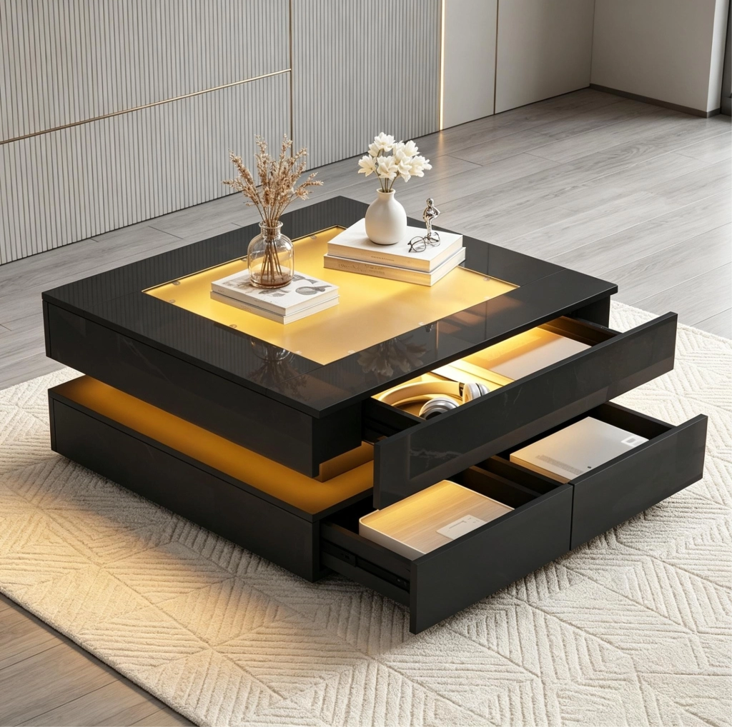 Tavolino da salotto quadrato 70 x 70 x 35 cm con 3 cassetti; vetro temperato e LED; nero