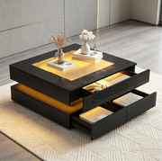 Tavolino da salotto quadrato 70 x 70 x 35 cm con 3 cassetti; vetro temperato e LED; nero