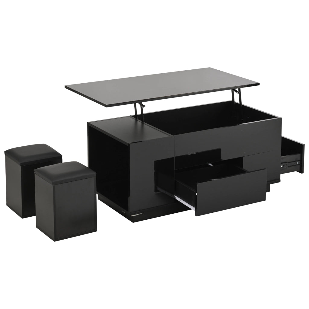 OKWISH Tavolino da Salotto Alzabile con 2 Cassetti, LED e 2 Sgabelli Contenitore, per Soggiorno, 100 x 50 x 45 cm