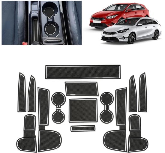 Antislipmatte per Kia Ceed (2018-2025) | Matrice antiscivolo in gomma originale per console centrale, contenitori per bicchieri e fenditure portiere | Adatta per Kia Ceed Proceed XCeed GT Line (bianco)