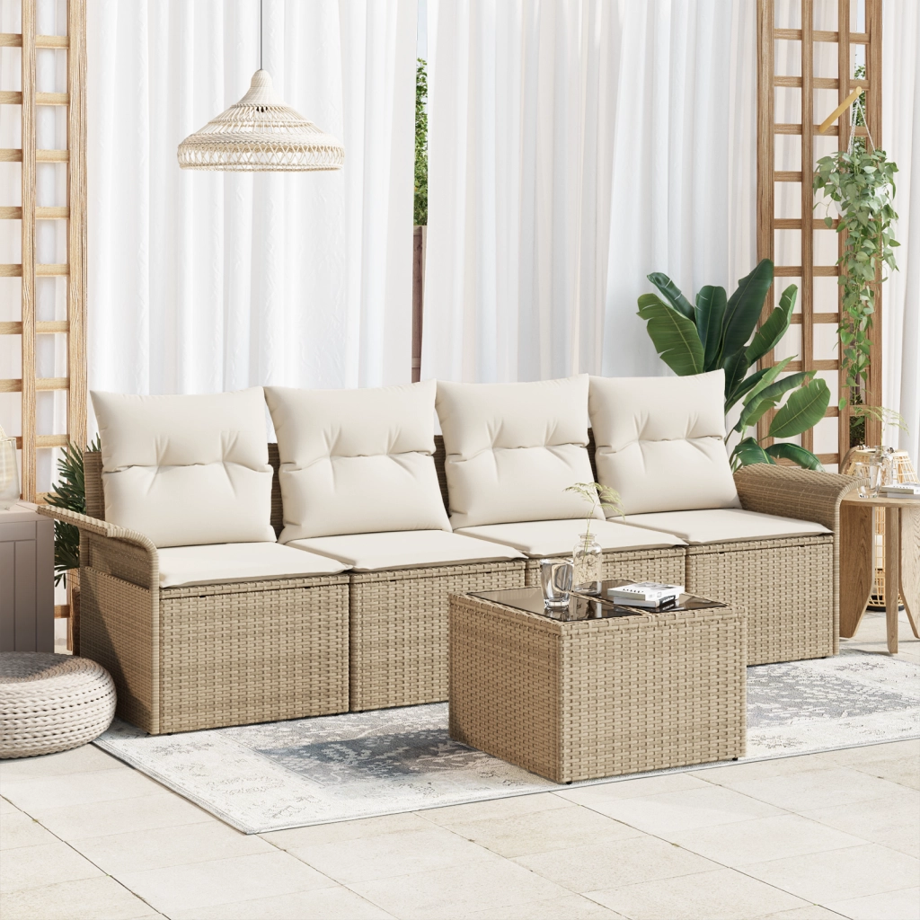 Set Divano da Giardino 5 Pezzi con Cuscini Beige in Rattan Sintetico