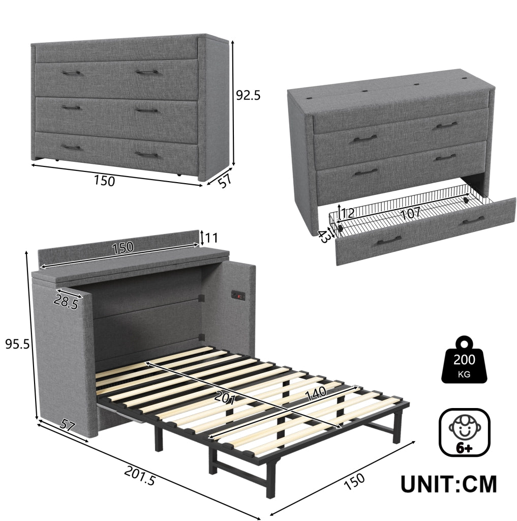 Letto a scomparsa 140x200 cm grigio in lino con cassetto USB-C