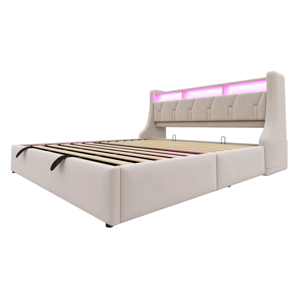 Letto imbottito 180x200 cm con contenitore idraulico, LED e testiera multifunzione
