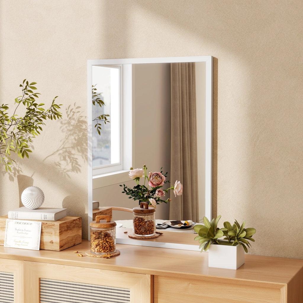 Specchio da Parete Rettangolare con Ganci. in Vetro e MDF. 50x70 cm. Bianco