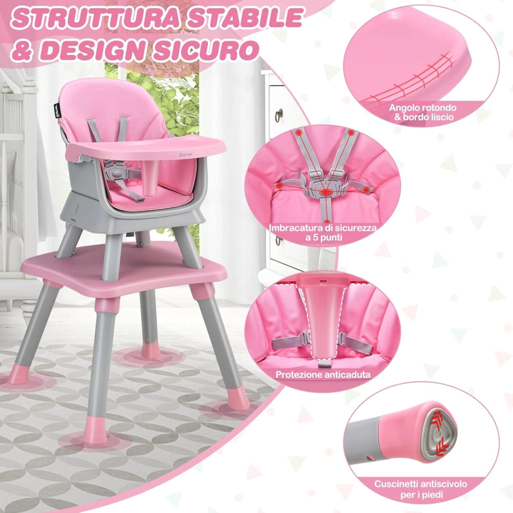 Seggiolone Pappa per Bambini 6 in 1, Seggiolone per Neonati Convertibile, Tavolo per Costruzioni per Bambini, con Imbracatura a 5 Punti, per Bambini da 6 Mesi fino 3 Anni (Rosa)