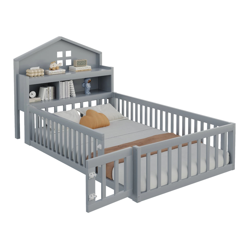 Letto a forma di casa grigio in legno massello con funzione contenitore e rete a doghe 90x200 cm