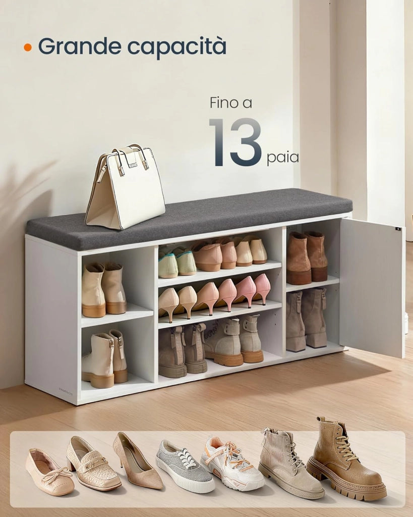 SONGMICS HOME Panca Scarpiera, Montaggio Rapido Senza Attrezzi Toolless, Panchina con Scomparti Aperti, Ripiani Regolabili, Portascarpe, Bianco Neve e Grigio Ardesia LHS391WE01