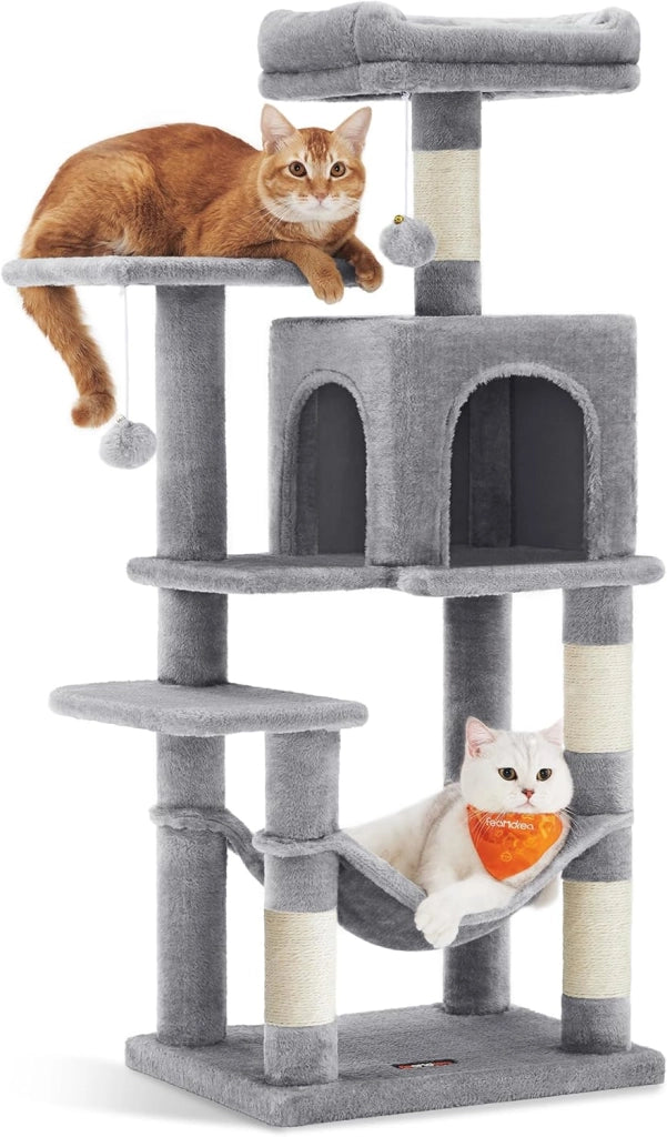 Feandrea Albero per Gatti Alto 143 cm, Tiragraffi per Gatti, con 4 Pali Graffiatoi, 2 Posatoi, 1 Grotta, 1 Amaca, 2 Pompon, in Peluche a Più Livelli, Marrone Cammello PCT161K01